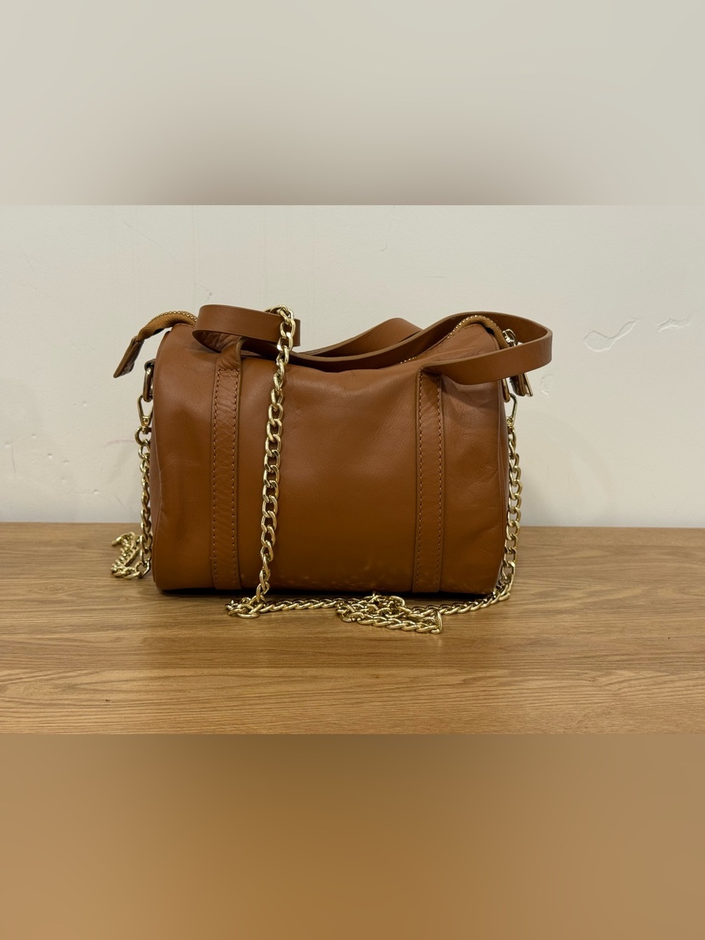 Made in ITALY Brown Leather Shoulder Bag with Gold Chain Strap
